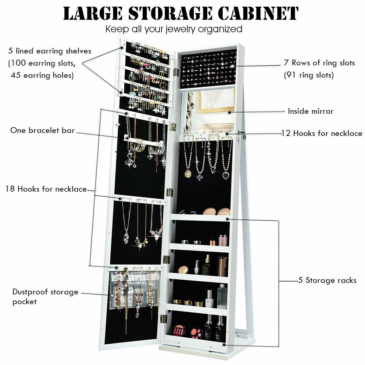 3-in-1 360 Swivel Mirrored Jewelry Armoire with Display Shelves
